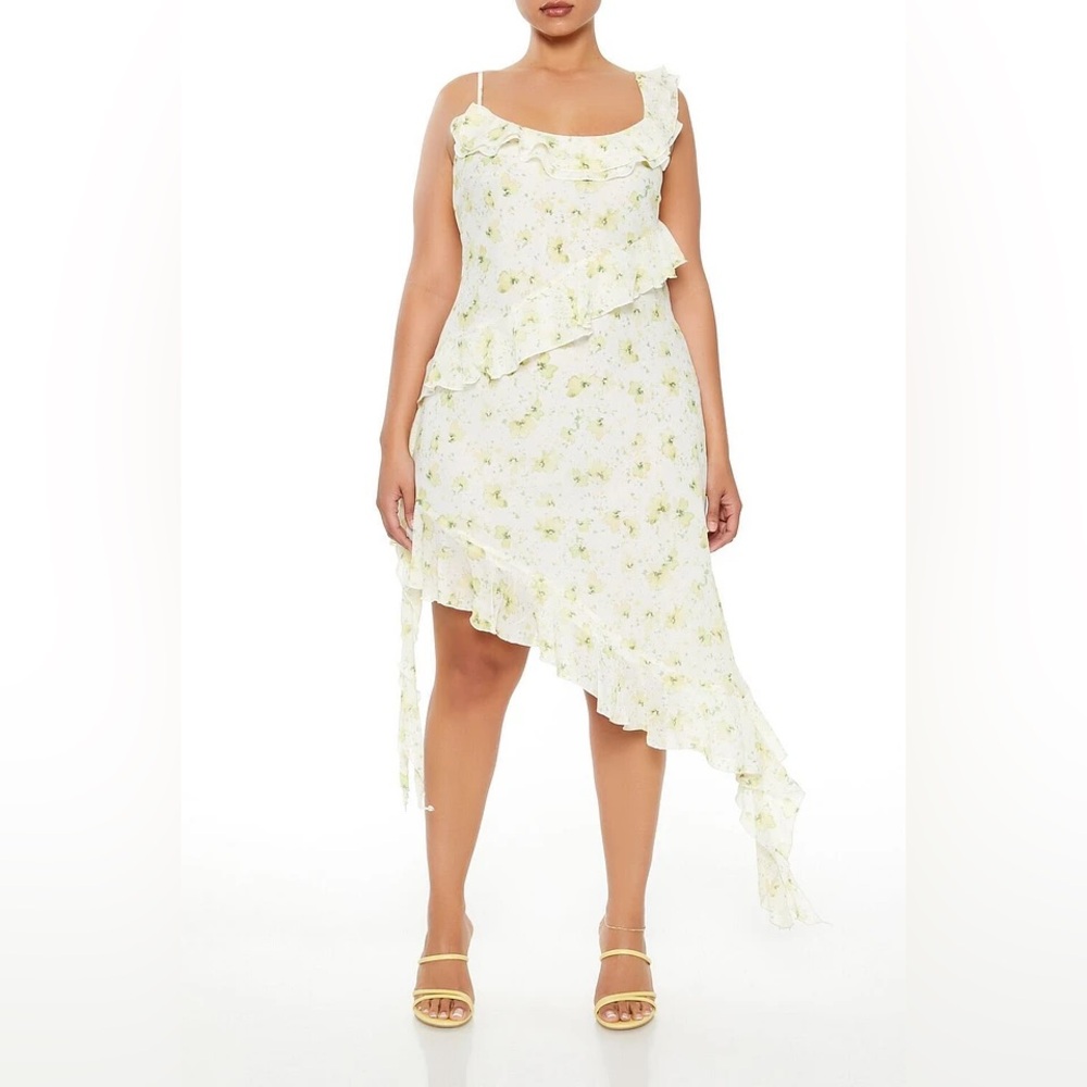 Forever 21 One Shoulder Floral Dress - Cream and Green